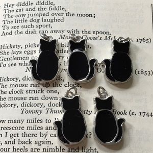 Set of 5 Enameled Lucky Black Cat Charms Pewter Kitty Kitten NEW Halloween